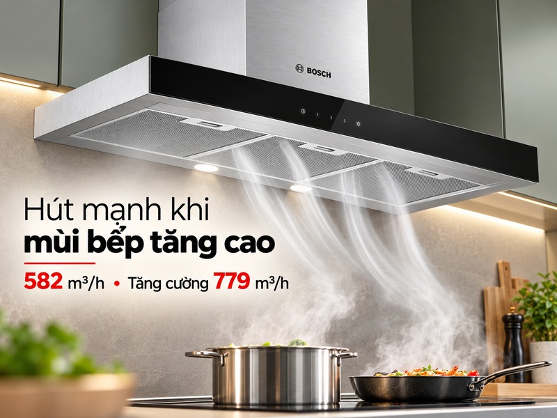 Bosch DWB97BK61T minh họa lưu lượng hút 582 và 779 mét khối mỗi giờ