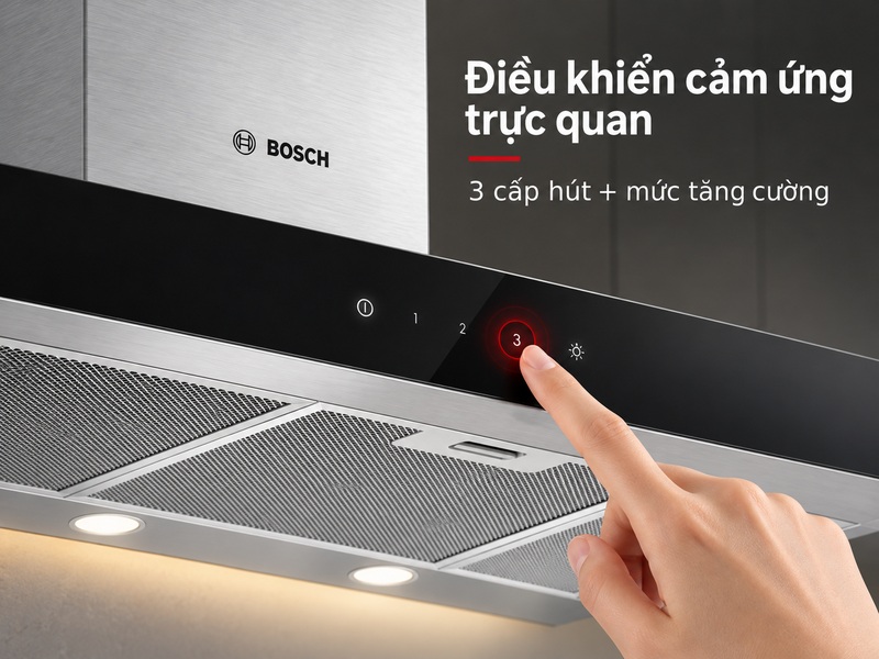 Bảng điều khiển cảm ứng Bosch DWB97BK61T với ba cấp hút và mức tăng cường