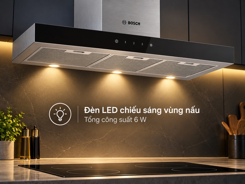 Đèn LED Bosch DWB97BK61T chiếu sáng khu vực nấu với tổng công suất 6 W