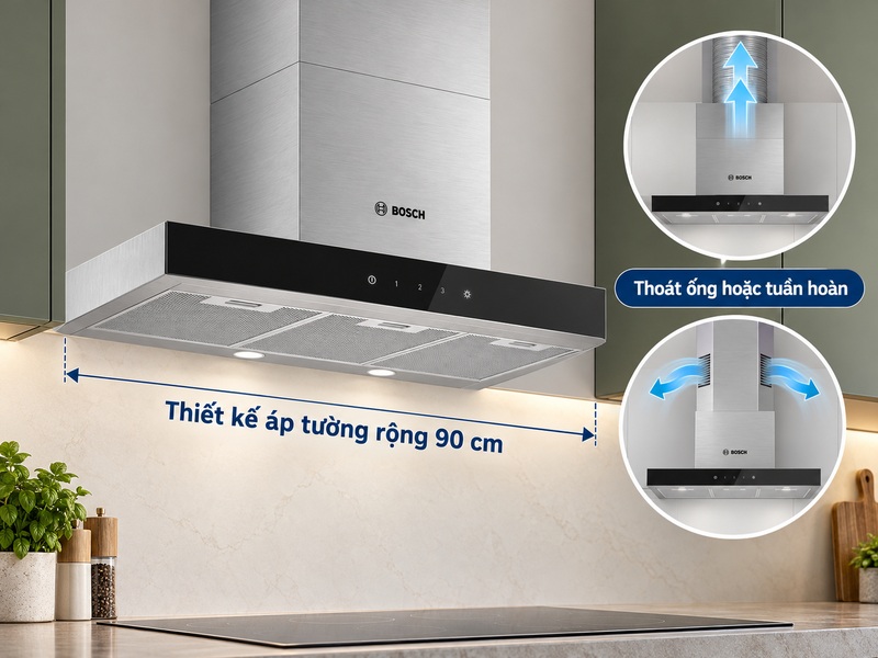 Bosch DWB97BK61T áp tường rộng 90 cm với hai phương án thông gió