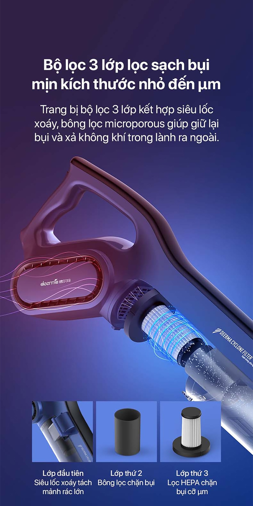 Bộ lọc ba lớp của Deerma DX810 giữ bụi trong hộp chứa