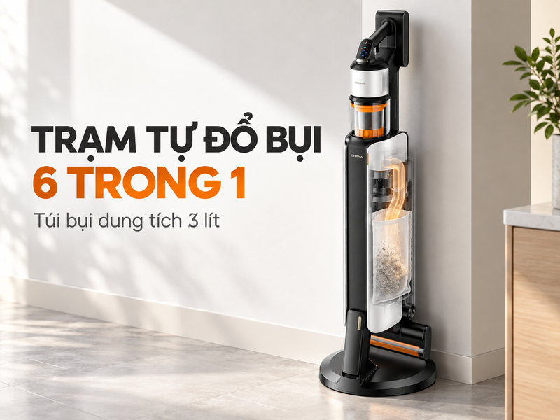 Deerma Z50 đặt trên trạm tự đổ bụi với túi 3 lít